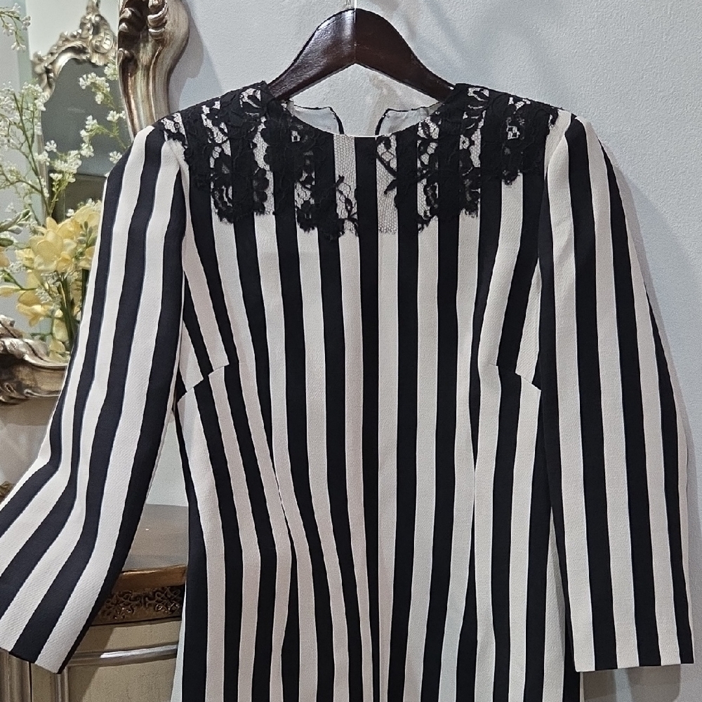 Valentino Monochrome Striped Dress with Lace